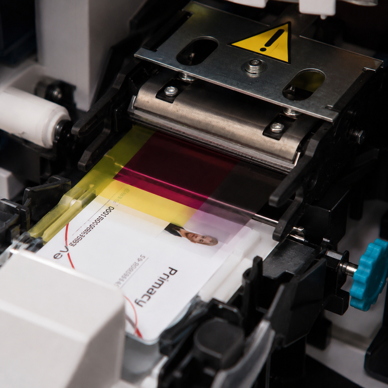 Intérieur d'une imprimante à cartes : ruban YMCKO et tête thermique imprimant directement sur une carte PVC