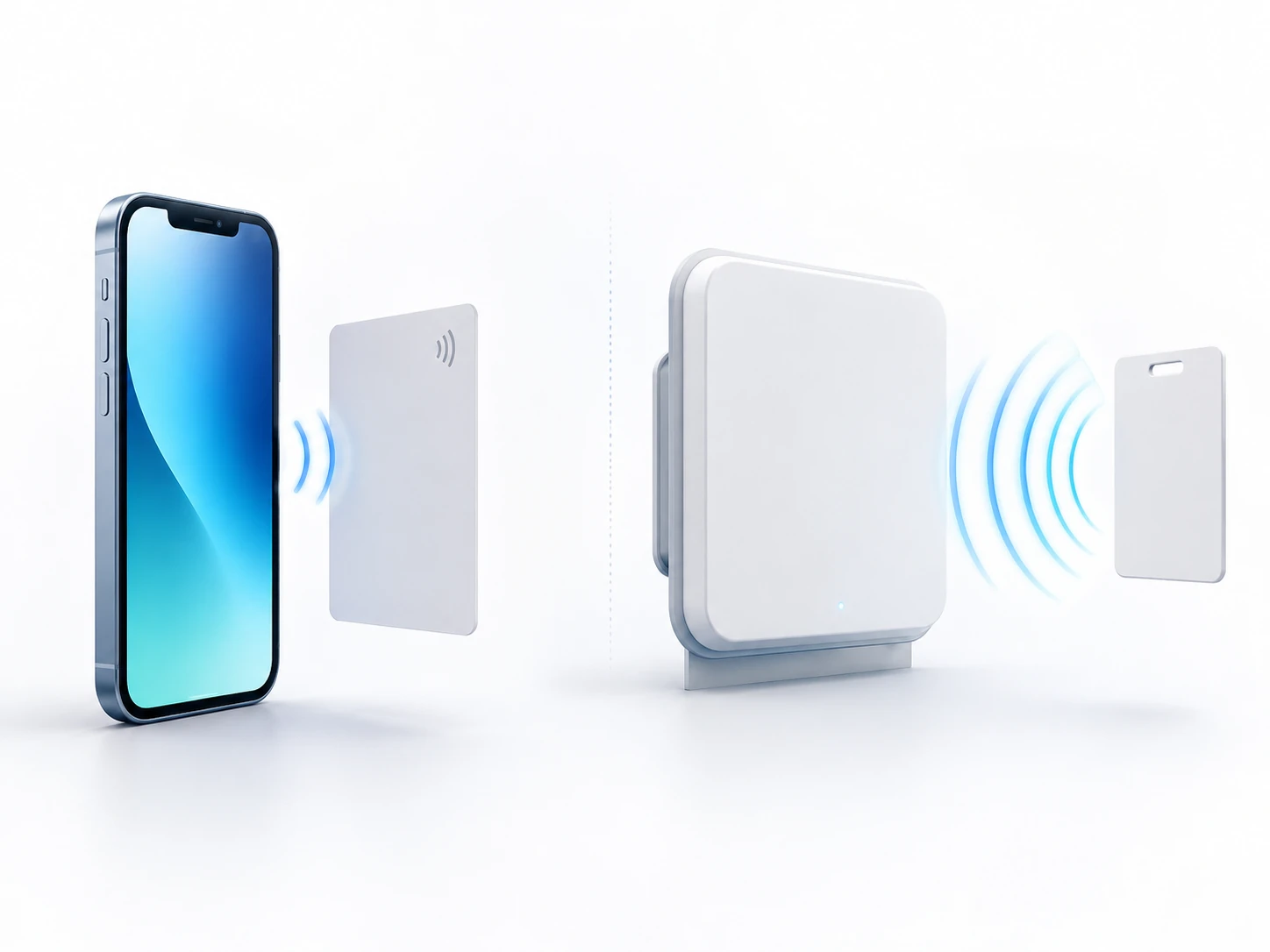 Illustration 3D montrant un smartphone NFC, une carte RFID et un lecteur sans contact