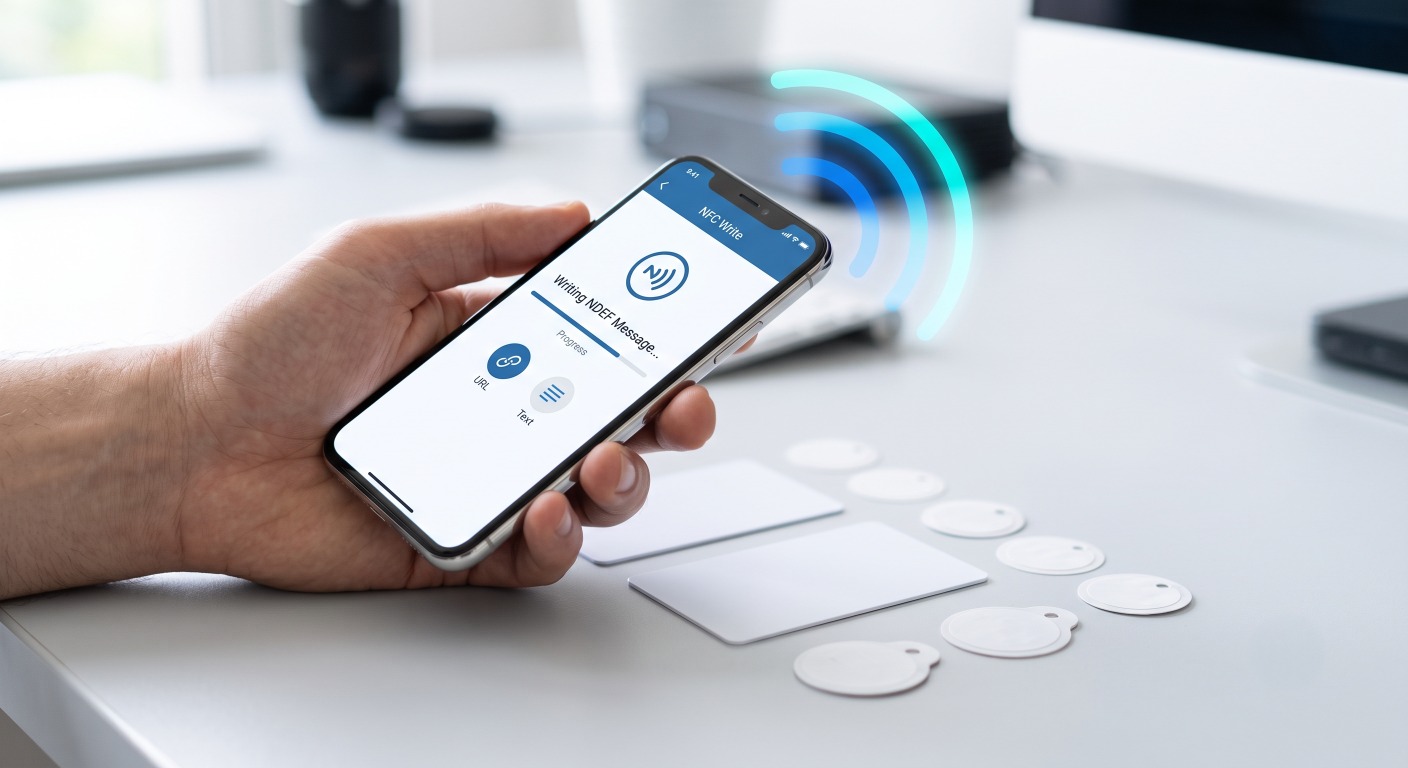 Smartphone en train d’encoder une carte ou un tag NFC