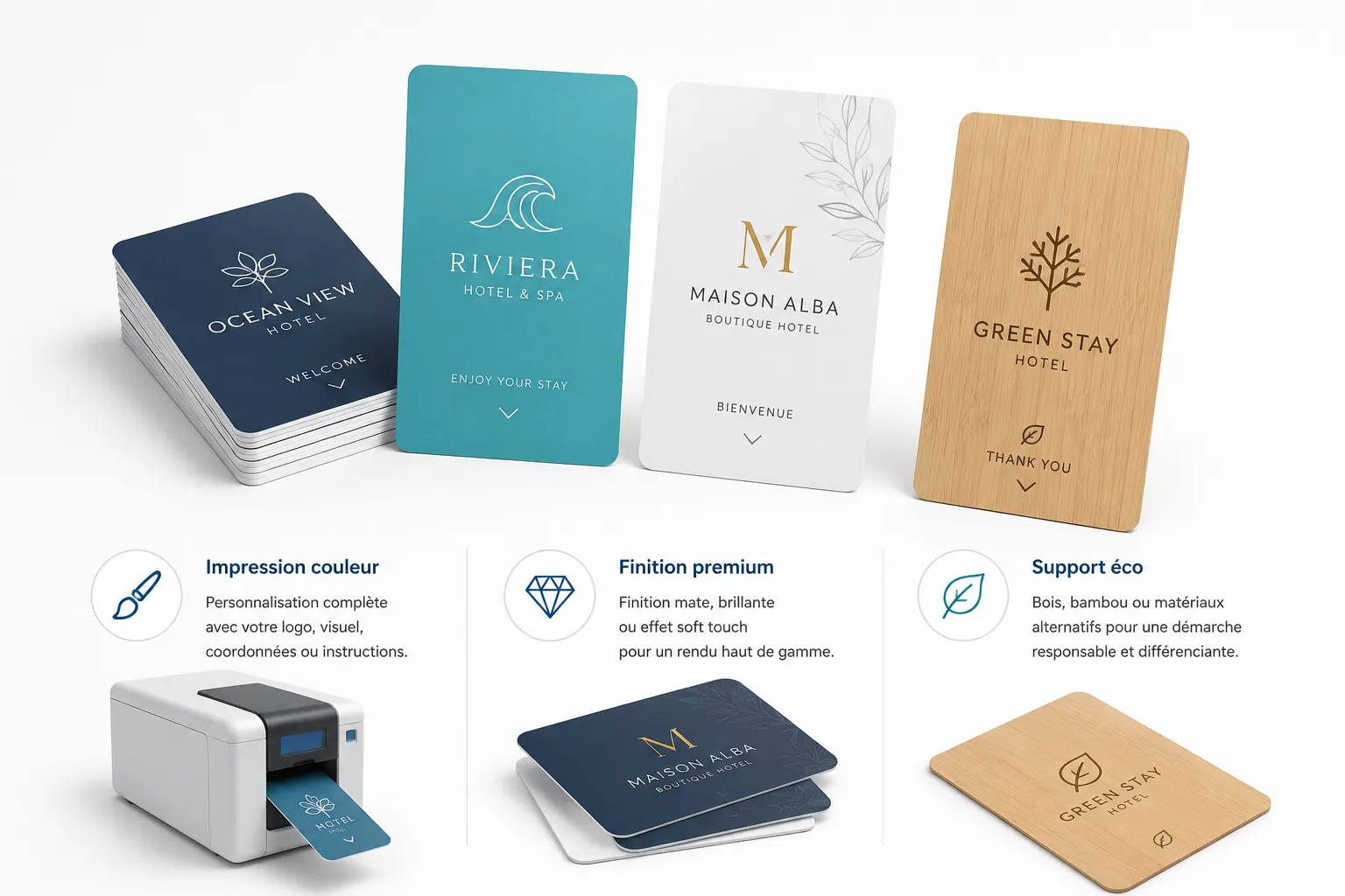 Cartes d'hôtel personnalisées PVC et support éco pour établissement hôtelier