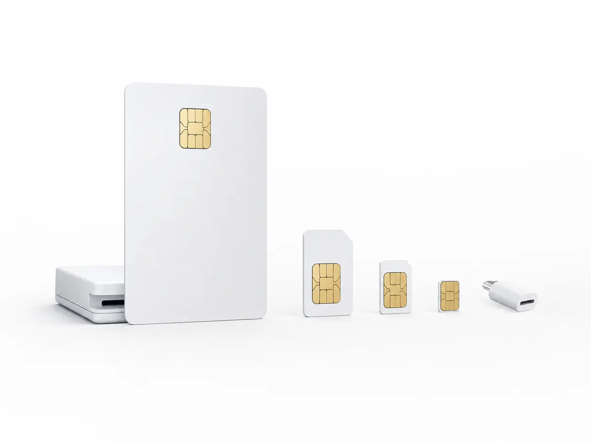 Comparaison visuelle d’une carte à puce CR80 et des formats mini-SIM, micro-SIM et nano-SIM