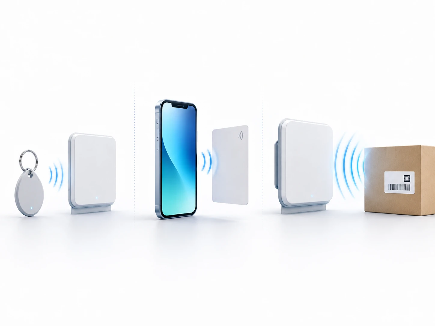 Illustration 3D comparant les fréquences RFID LF HF UHF et NFC sur fond clair