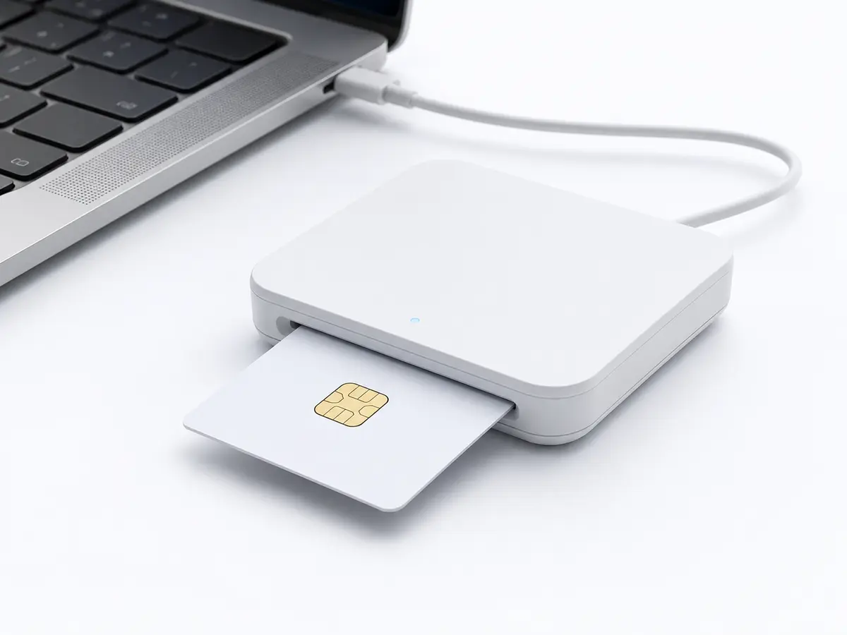 Lecteur USB à contact avec carte à puce CR80 partiellement insérée