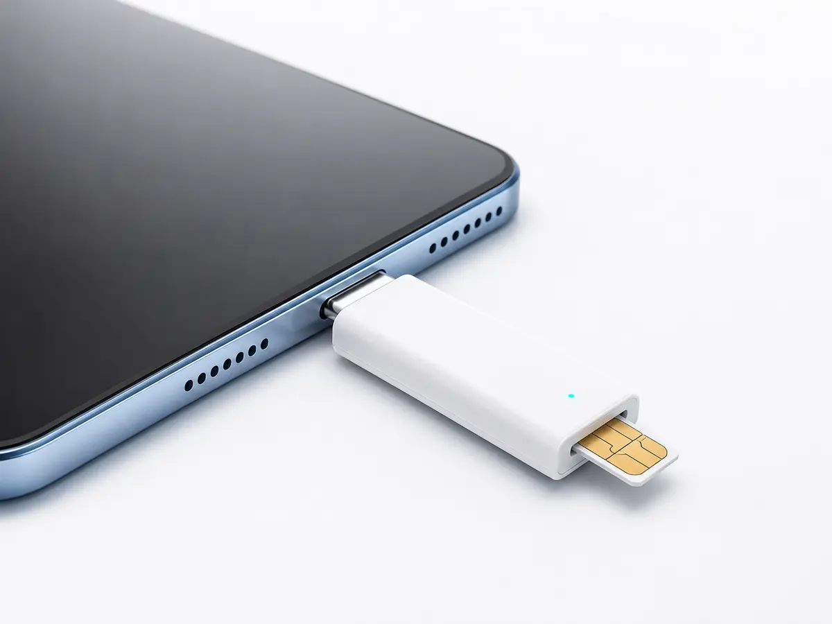 Lecteur USB-C compact avec carte nano-SIM 4FF insérée sur un appareil mobile