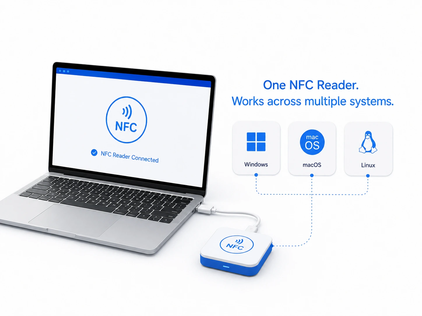 Lecteur NFC connecté à un ordinateur compatible Windows macOS et Linux