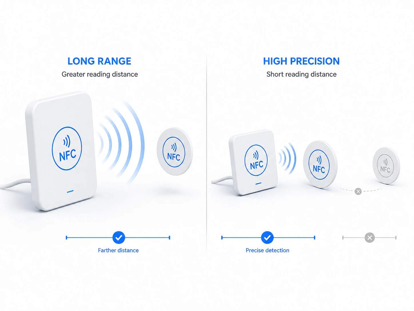 Distance de lecture NFC entre lecteur et tags avec zone optimale de 5 à 50 mm