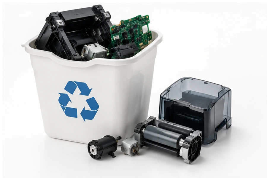 Illustration 3D d'une imprimante badge obsolète orientée vers le recyclage