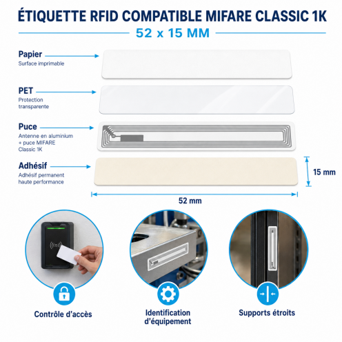 Étiquette RFID compatible MIFARE Classic 1K rectangle 52 x 15 mm - Vue 2